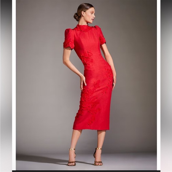 NWT Antonio Melani Willow Floral Applique Mock Neck Short Sleeve Midi Dress - Picture 2 of 12